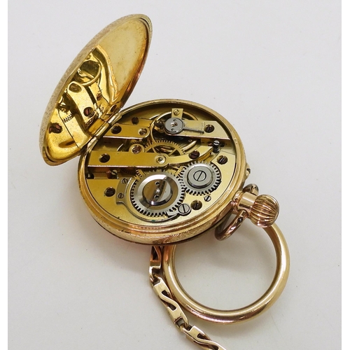 2904 - A 14K GOLD DECORATIVE FOB & CHAINa ladies Swiss hallmarked fob watch with a French enamelled dia... 