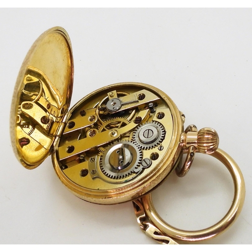 2904 - A 14K GOLD DECORATIVE FOB & CHAINa ladies Swiss hallmarked fob watch with a French enamelled dia... 