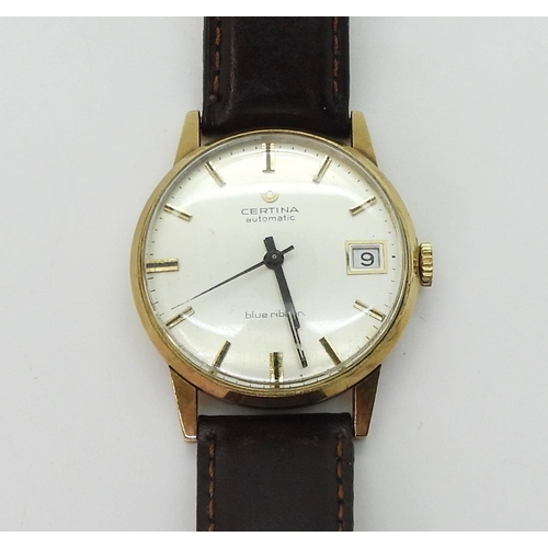 2915 - A BLUE RIBBON AUTOMATIC CERTINAwhite dial date aperture, gold coloured baton numerals and black bato... 