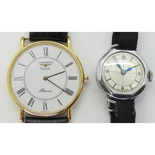 2916 - A LONGINES WATCH AND A BUREN WATCHthe gold plated Longines Quartz Presence has a white dial with bla... 