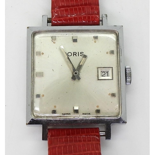 2921 - A VINTAGE ORIS WATCHwith a square chromed dial diameter 2.7cm, square dot numerals, blunt shaped han... 