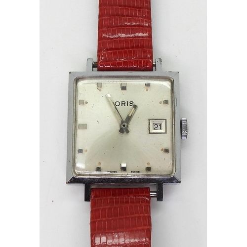 2921 - A VINTAGE ORIS WATCHwith a square chromed dial diameter 2.7cm, square dot numerals, blunt shaped han... 