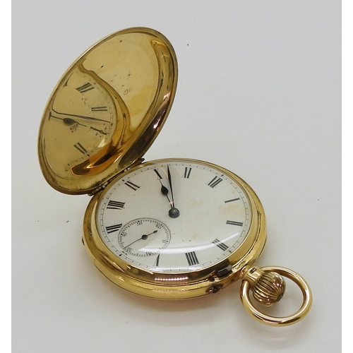 2928 - AN 18CT GOLD FULL HUNTER POCKET WATCHwith a clean unmonogrammed case, classic white enamelled dial w... 