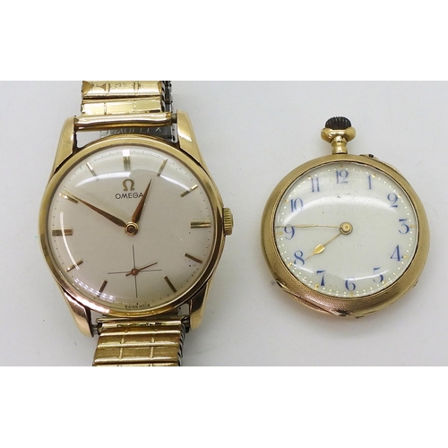 2932 - A GENTS OMEGA & A FOB WATCHThe 9ct gold gents Omega wristwatch has a cream dial with a cross hai... 