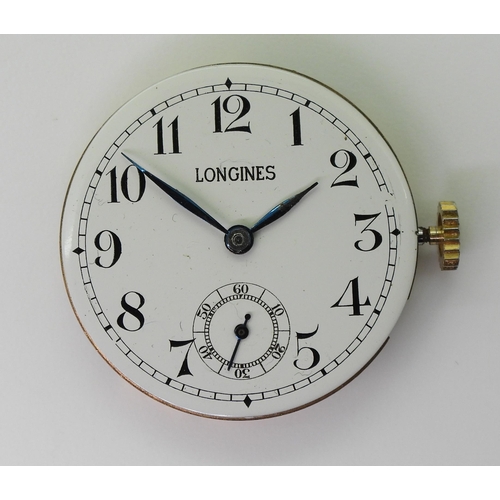 2933 - A 9CT LONGINES WATCHwith white enamel dial with  black roman numerals, subsidiary seconds dial and b... 