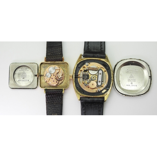 2934 - TWO GOLD PLATED OMEGA DE VILLESthe gents Omega Quartz De Ville watch has a rounded square case, gold... 