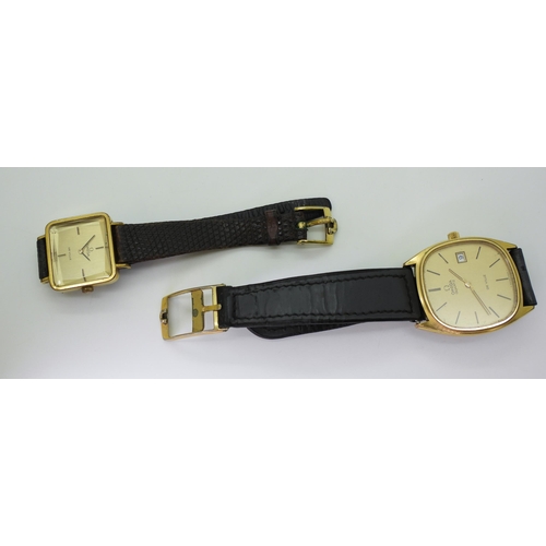 2934 - TWO GOLD PLATED OMEGA DE VILLESthe gents Omega Quartz De Ville watch has a rounded square case, gold... 