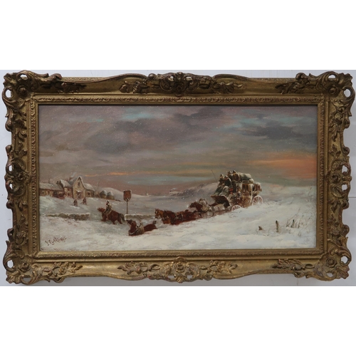 2959 - JOHN CHARLES MAGGS (BRITISH 1819-1896)LEEDS-LONDON COACH IN DRIFTING SNOWOil on canvas, signed lower... 