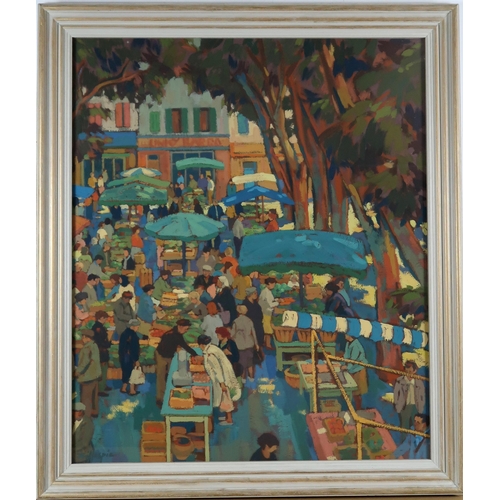 2964 - JOAN GILLESPIE (SCOTTISH B.1954)MARKET DAY, AIXOil on board, signed lower left, inscribed on label v... 