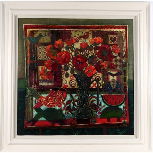 2966 - MORAG MUIR RSW PAI (SCOTTISH B.1960)CHINESE FESTIVAL FISHAcrylic on jute, signed lower right, inscri... 