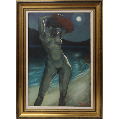 2985 - PETER HOWSON OBE (BRITISH b.1958)NUDE BY A MOONLIT BEACHOil on canvas, signed lower right, signed an... 