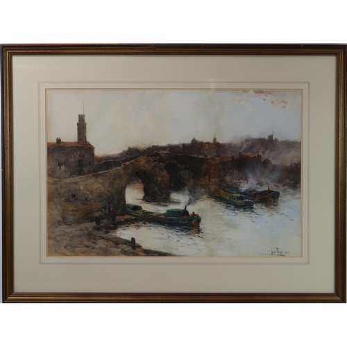 2996 - JOHN TERRIS RI RSW (SCOTTISH 1865-1914)BARGES BENEATH A BRIDGEWatercolour, signed lower right, 47 x ... 