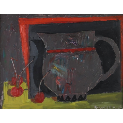 2998 - DAVID MCLEOD MARTIN RSW RGI SSA (SCOTTISH 1922-2018)JUG AND THREE CHERRIES (1999) Oil on board,... 