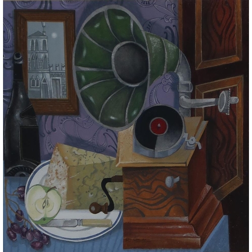 3000 - RICHARD NORMAN RSW (SCOTTISH CONTEMPORARY) STILL LIFE OF GRAMOPHONE AND CHEESE  Watercolour, signed ... 