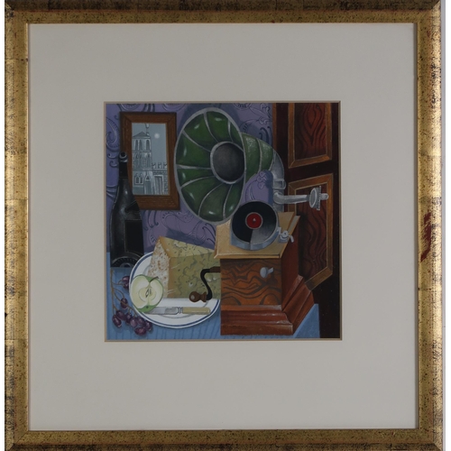 3000 - RICHARD NORMAN RSW (SCOTTISH CONTEMPORARY) STILL LIFE OF GRAMOPHONE AND CHEESE  Watercolour, signed ... 