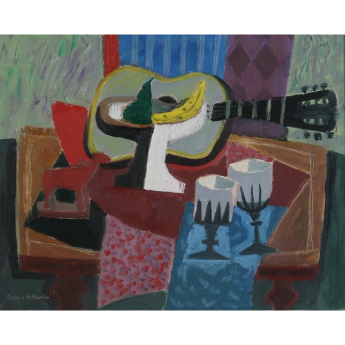 3002 - DAVID MCLEOD MARTIN RSW RGI SSA (SCOTTISH 1922-2018) FRUIT, GUITAR AND WINE GLASSES Oil on... 