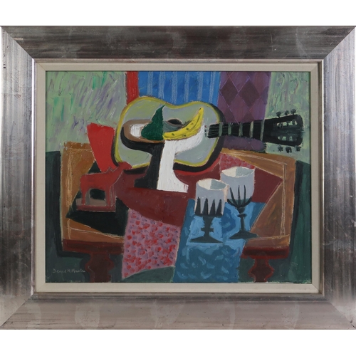 3002 - DAVID MCLEOD MARTIN RSW RGI SSA (SCOTTISH 1922-2018) FRUIT, GUITAR AND WINE GLASSES Oil on... 