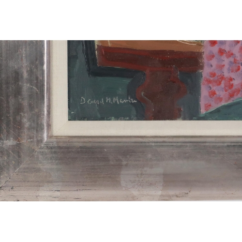 3002 - DAVID MCLEOD MARTIN RSW RGI SSA (SCOTTISH 1922-2018) FRUIT, GUITAR AND WINE GLASSES Oil on... 