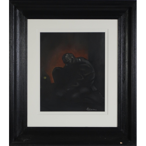 3011 - PETER HOWSON OBE (BRITISH B.1958)CROUCHING FIGUREMixed media on black paper, signed lower right,35.5... 