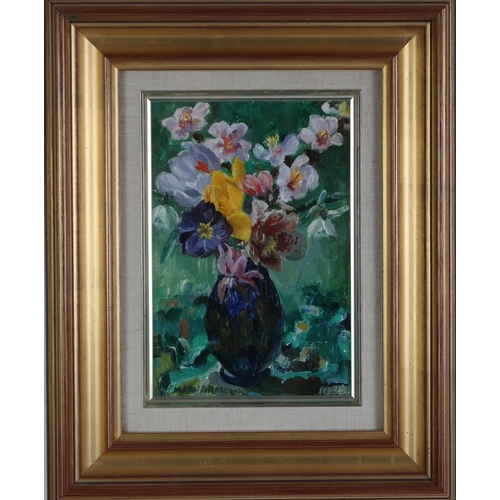 3015 - MARY ARMOUR RSA RSW (SCOTTISH 1902-2000)FLOWERS WITH PEACH BLOSSOMOil on board, signed lower left, d... 