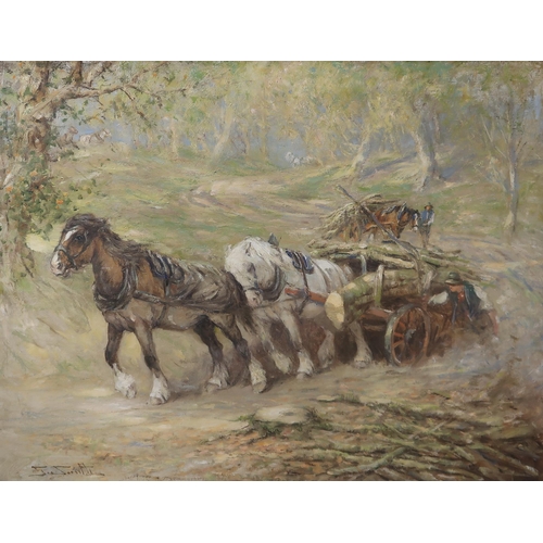 3028 - GEORGE SMITH RSA (SCOTTISH 1870-1934)THE TIMBER WAGON Oil on canvas, signed lower left, 71 x 91... 