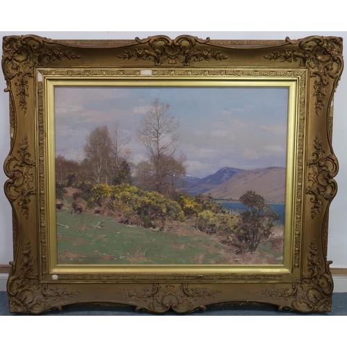 3031 - GEORGE HOUSTON RSA RSW RI (SCOTTISH 1869-1947)WHINS IN BLOOM, (PROBABLY) LOCH FYNEOil on canvas, sig... 