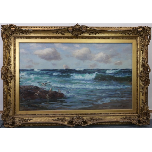 3032 - JOHN MYLNE (SCOTTISH fl.1886-1919)SUMMER SEAOil on canvas, signed lower right, dated 1900, 73 x 122c... 