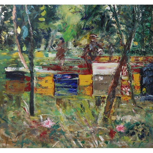 3036 - THORA CLYNE (SCOTTISH 1937-2020)BEEHIVES ABERNETHY Oil on canvas, signed lower right, inscribed vers... 