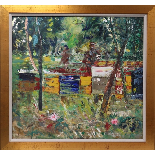 3036 - THORA CLYNE (SCOTTISH 1937-2020)BEEHIVES ABERNETHY Oil on canvas, signed lower right, inscribed vers... 