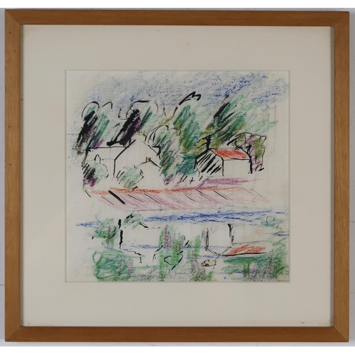 3044 - DONALD BAIN (SCOTTISH 1904-1979)FRENCH VILLAGEInk and crayon, indistinct initial lower right, 21 x 2... 