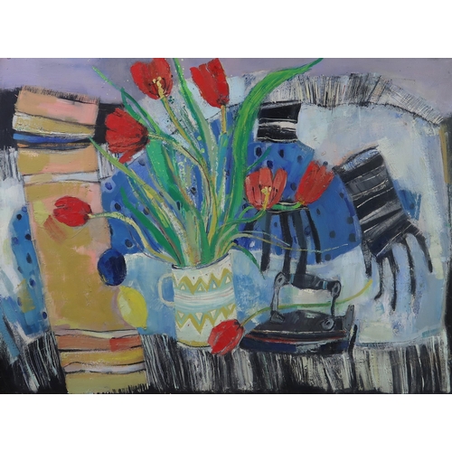 3047 - MARY GALLAGHER (SCOTTISH B.1953)TULIPS AND TABLETOPOil on canvas, signed verso, 68.5 x 92cm (27 x 36... 