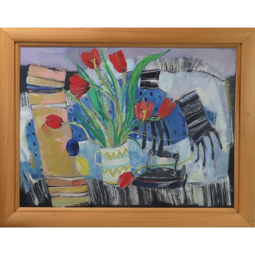 3047 - MARY GALLAGHER (SCOTTISH B.1953)TULIPS AND TABLETOPOil on canvas, signed verso, 68.5 x 92cm (27 x 36... 