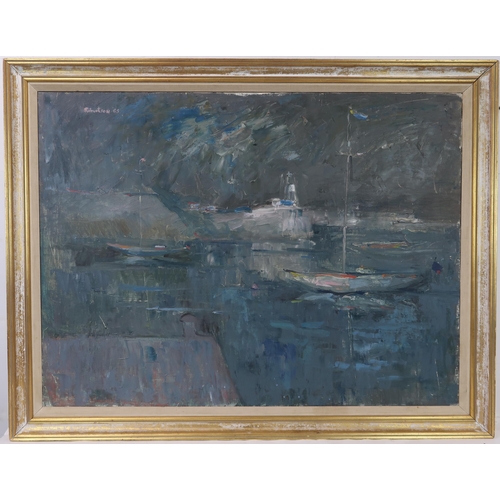 3053 - JAMES DOWNIE ROBERTSON RSA RSW RGI (SCOTTISH 1931-2010)HARBOUROil on canvas, signed upper left, date... 