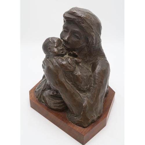 3059 - G* T* (BRITISH 20thC)MOTHER AND CHILDBronze, brown patina, bears initials, dated (19)59, on wooden p... 