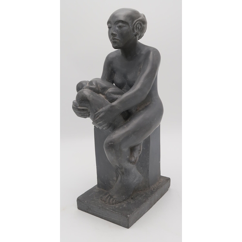 3060 - EUROPEAN SCHOOL (20thC)SEATED FEMALE NUDE WITH BABYCarved soapstone, 51cm (20