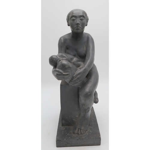 3060 - EUROPEAN SCHOOL (20thC)SEATED FEMALE NUDE WITH BABYCarved soapstone, 51cm (20