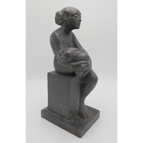 3060 - EUROPEAN SCHOOL (20thC)SEATED FEMALE NUDE WITH BABYCarved soapstone, 51cm (20