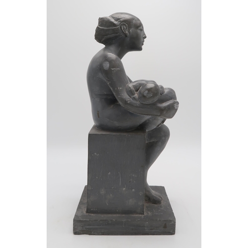 3060 - EUROPEAN SCHOOL (20thC)SEATED FEMALE NUDE WITH BABYCarved soapstone, 51cm (20