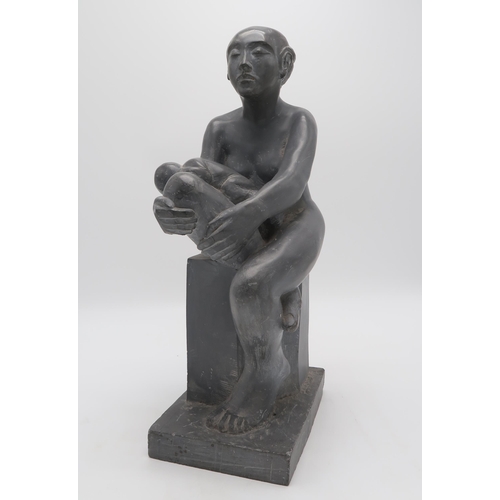 3060 - EUROPEAN SCHOOL (20thC)SEATED FEMALE NUDE WITH BABYCarved soapstone, 51cm (20