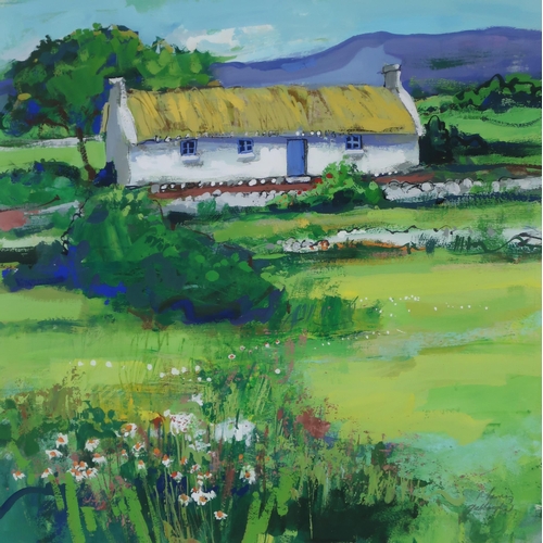 3073 - MARY GALLAGHER (SCOTTISH B.1953)HOUSE IN THE LANDSCAPEAcrylic, signed lower right, inscribed on labe... 