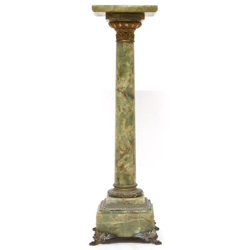 2037A - AN EARLY 20TH/LATE 19TH CENTURY GREEN ONYX PEDESTAL with square top over cylindrical column on ... 