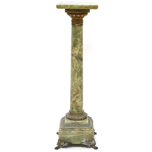 2037A - AN EARLY 20TH/LATE 19TH CENTURY GREEN ONYX PEDESTAL with square top over cylindrical column on ... 