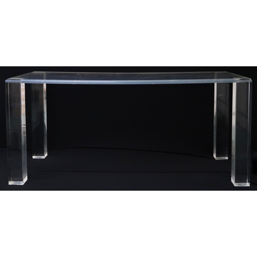 2115B - A 20TH CENTURY LUCITE CHARLES HOLLIS JONES STYLE DINING SUITE comprising rectangular chamfered toppe... 