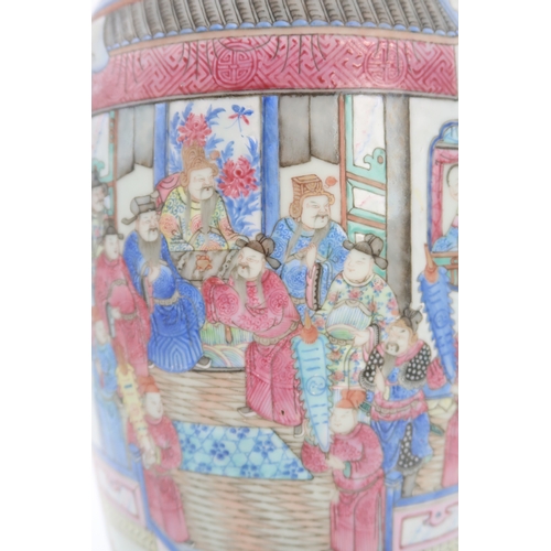 2327 - A LARGE CANTON BALUSTER VASE painted with panels of mandarins and courtiers on pavillions,flanked by... 