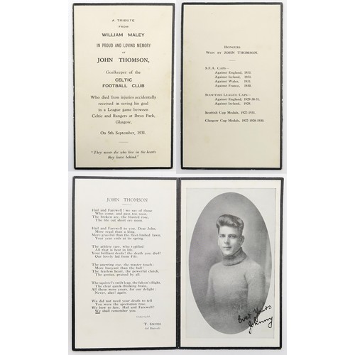 2628A - JOHN THOMSON OF CELTIC F.C. - A RARE MEMORIAL CARDPrinted on thick black-edged card, measuring appro... 