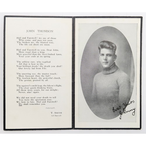 2628A - JOHN THOMSON OF CELTIC F.C. - A RARE MEMORIAL CARDPrinted on thick black-edged card, measuring appro... 