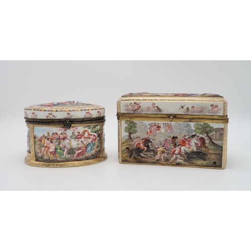 2151 - A CAPODIMONTE GILT METAL MOUNTED LIDDED BOXof oval form decorated with Bacchanalian and battle scene... 