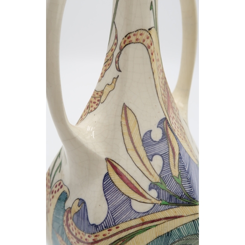 2152 - A GOUDA ZUID HOLLAND VASEof twin handled amphora form, decorated with lilies in line and dot style, ... 