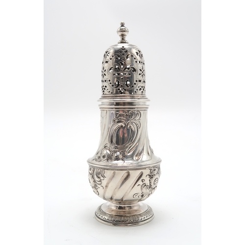 2455 - A GEORGE II SILVER CASTERby Thomas Bamford, London 1733, of baluster form, with later engraved folia... 