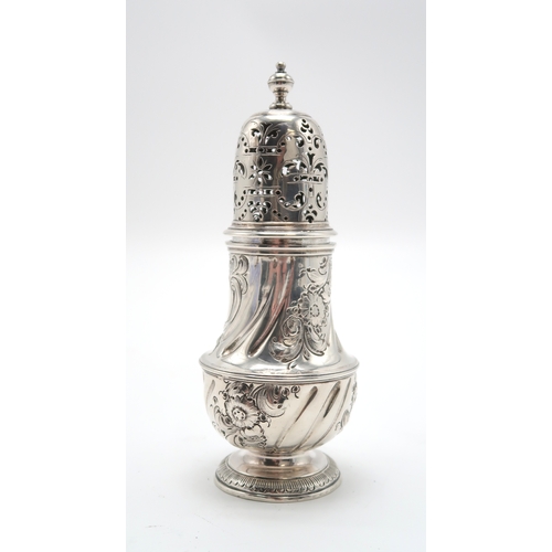 2455 - A GEORGE II SILVER CASTERby Thomas Bamford, London 1733, of baluster form, with later engraved folia... 